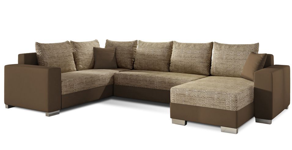 Canapé U convertible tissu beige chiné et simili marron clair coffre de rangement à droite Marry 321 cm - Photo n°1