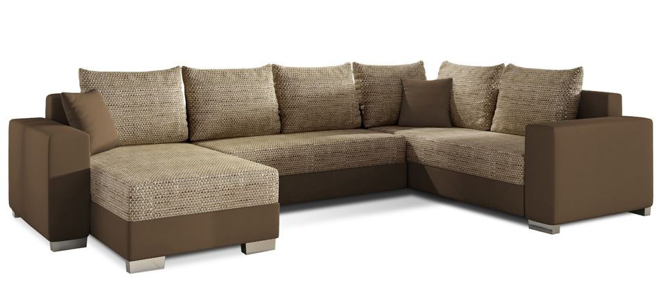 Canapé U convertible tissu beige chiné et simili marron clair coffre de rangement à gauche Marry 321 cm - Photo n°1