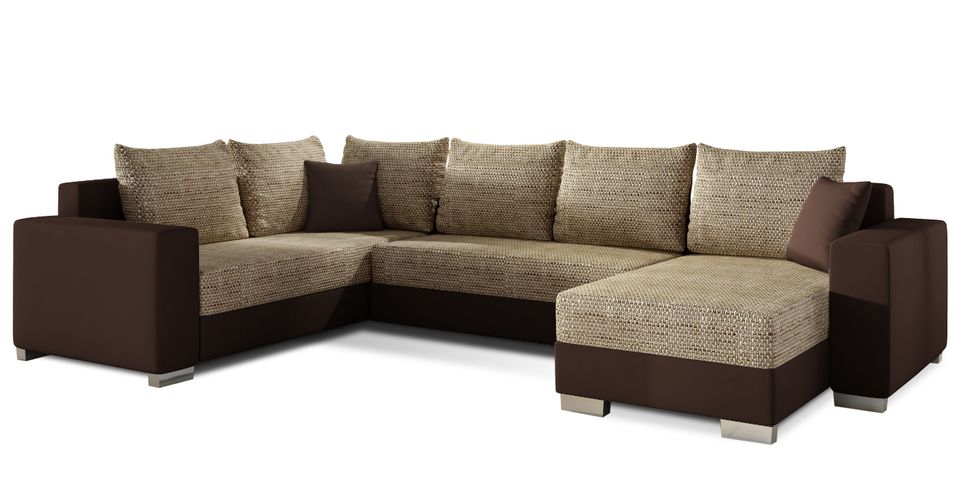 Canapé U convertible tissu beige chiné et simili marron foncé coffre de rangement à droite Marry 321 cm - Photo n°1