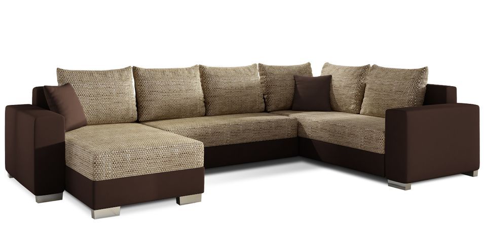 Canapé U convertible tissu beige chiné et simili marron foncé coffre de rangement à gauche Marry 321 cm - Photo n°1