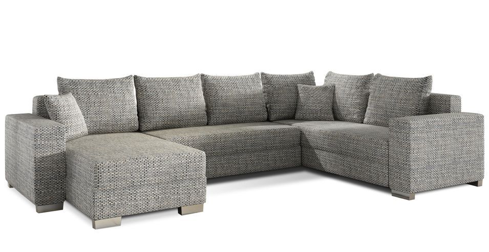 Canapé U convertible tissu gris chiné coffre de rangement à gauche Marry 321 cm - Photo n°1