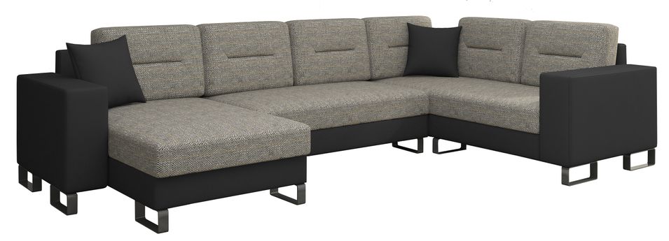 Canapé panoramique tissu gris chiné et simili cuir noir en forme de U convertible avec petit coffre de rangement Lizzio 312 cm - Photo n°1