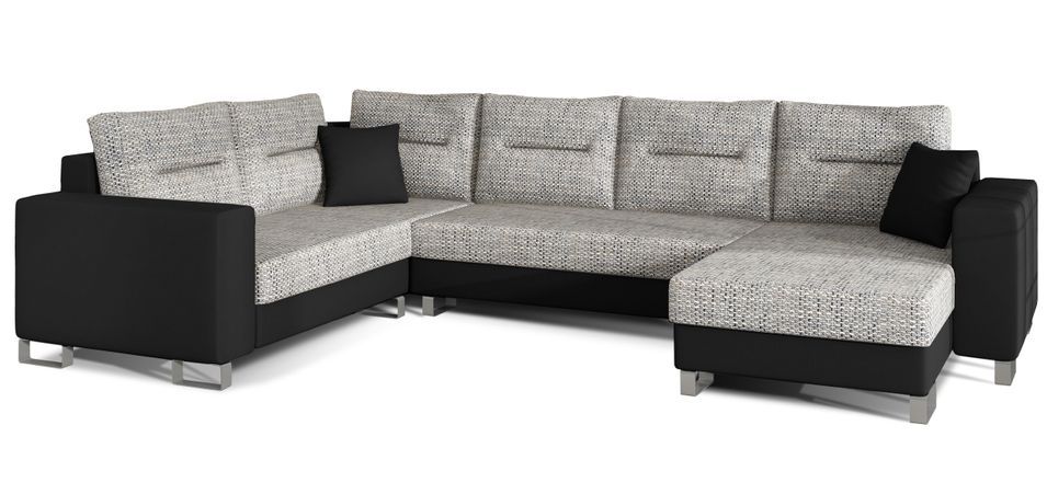 Canapé panoramique tissu gris chiné et simili cuir noir en forme de U convertible avec petit coffre de rangement Lizzio 312 cm - Photo n°1