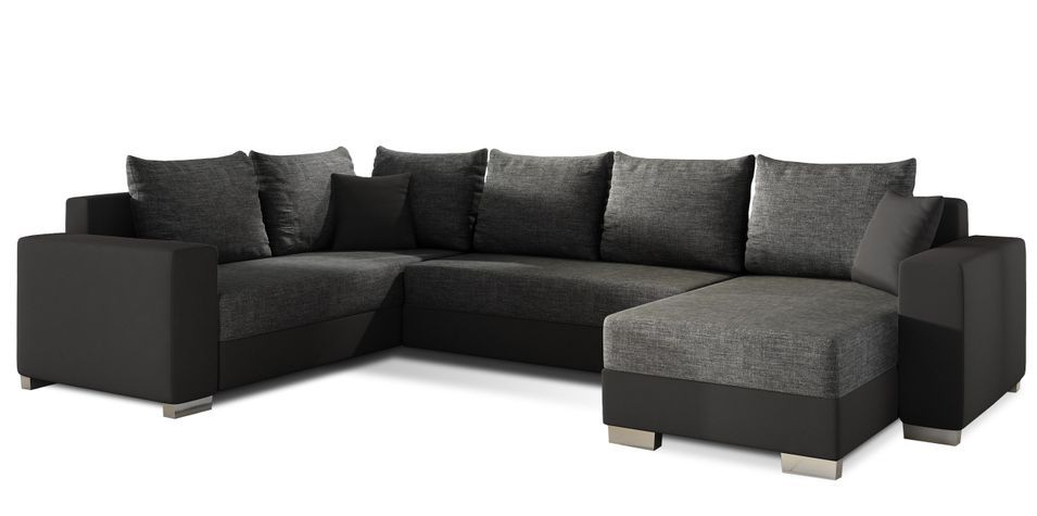 Canapé U convertible tissu gris foncé et simili noir coffre de rangement à droite Marry 321 cm - Photo n°1