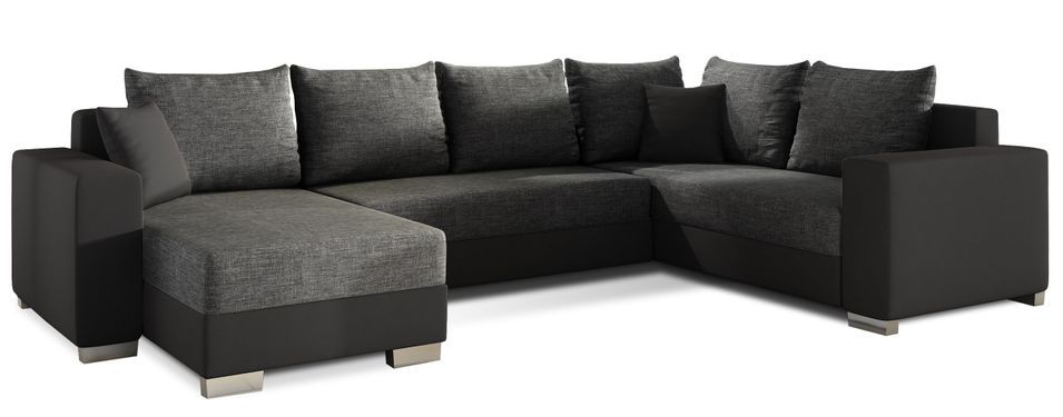 Canapé U convertible tissu gris foncé et simili noir coffre de rangement à gauche Marry 321 cm - Photo n°1