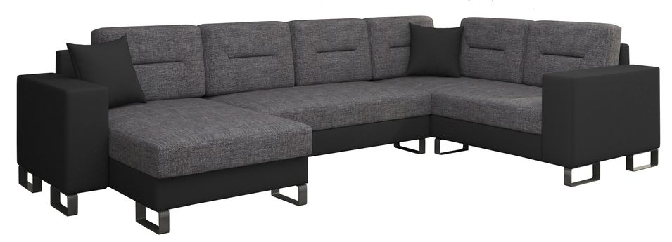Canapé panoramique tissu anthracite et simili cuir noir en forme de U convertible avec petit coffre de rangement Lizzio 312 cm - Photo n°1