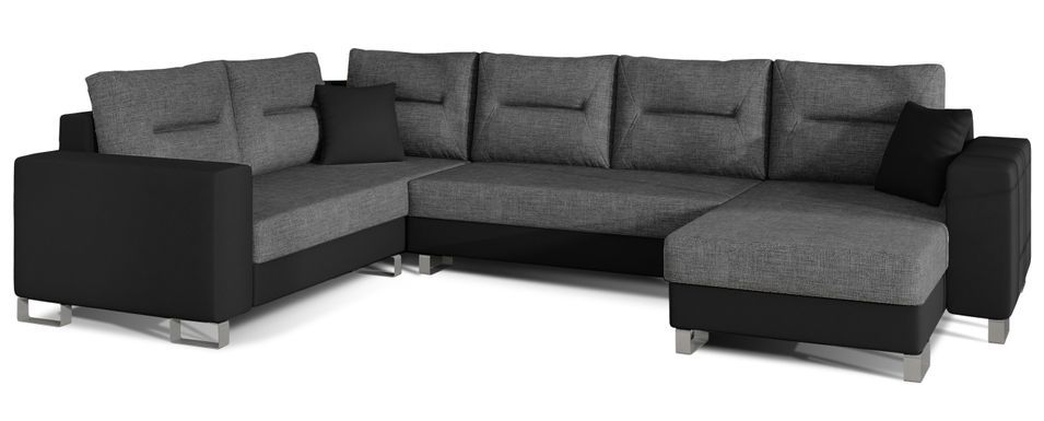 Canapé panoramique tissu anthracite et simili cuir noir en forme de U convertible avec petit coffre de rangement Lizzio 312 cm - Photo n°1