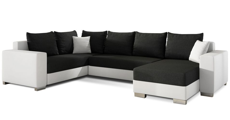 Canapé U convertible tissu noir et simili blanc coffre de rangement à droite Marry 321 cm - Photo n°1