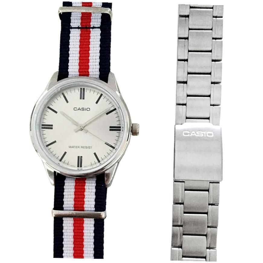 Casio Special Mtp-v005d-7 Set Nato Strap (blue.white.red) + S/s Bracelet 40mm Wr 30m ***original Box*** MTP-V005D-7_NATO_DW - Photo n°1