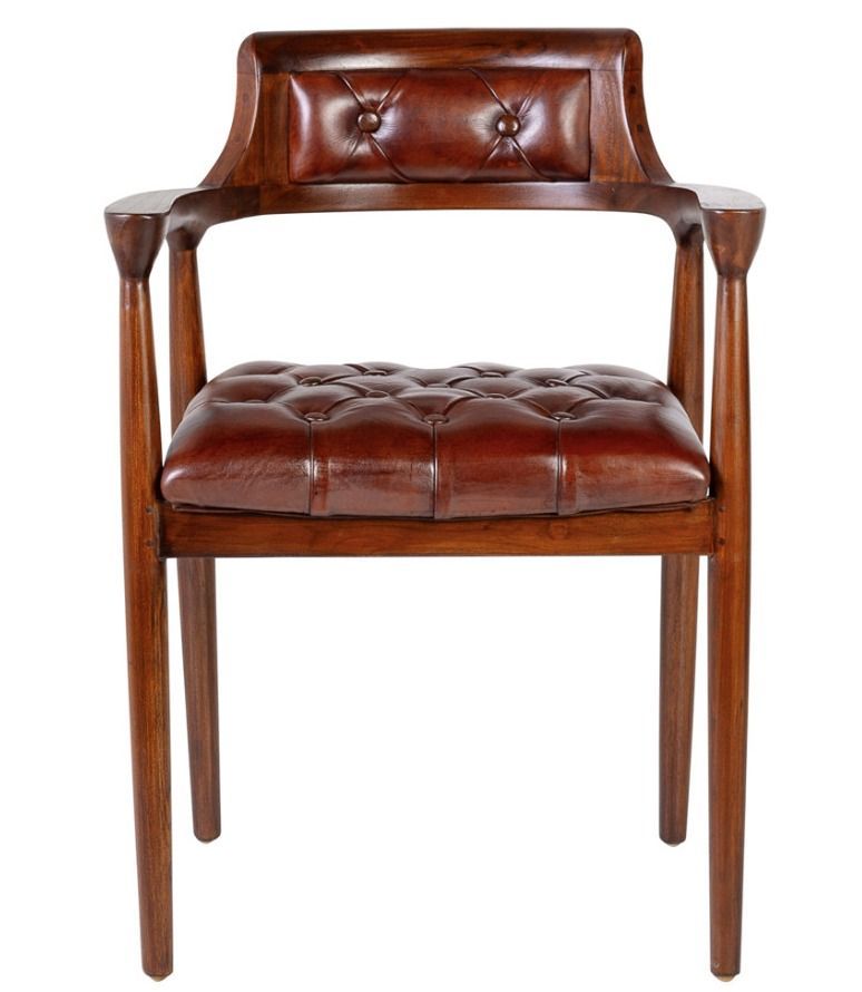 Chaise avec accoduoir bois massif vernis et cuir veritable capitonné Artano - Photo n°1