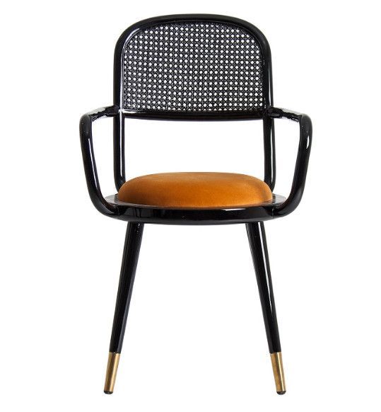 Chaise avec accoudoirs velours moutarde et pieds hévéa massif noir Bari - Lot de 2 - Photo n°1