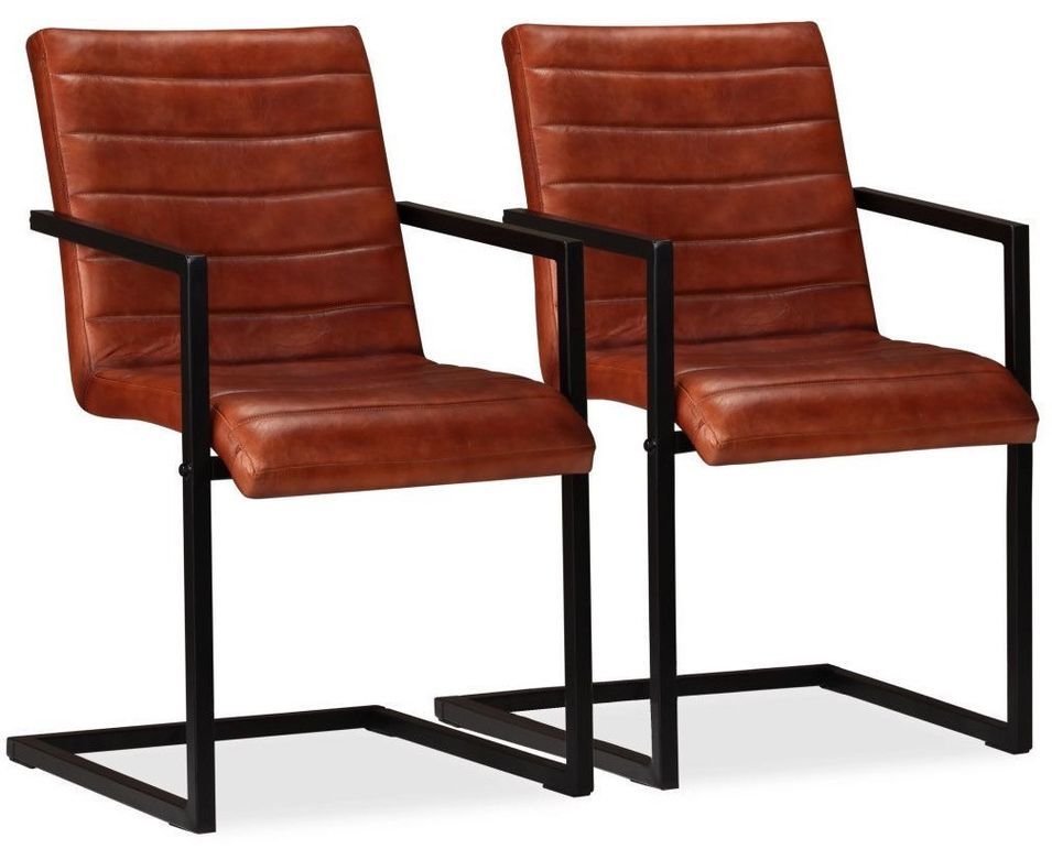 Chaise avec accoudoirs cuir marron et pieds métal noir Kandyas - Lot de 2 - Photo n°1