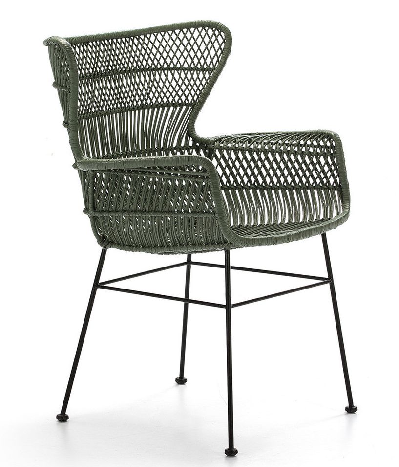 Chaise avec accoudoirs osier vert et pieds métal noir Mim's - Photo n°1