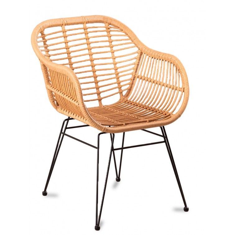 Chaise avec accoudoirs rotin et métal noir Barbou - Photo n°1