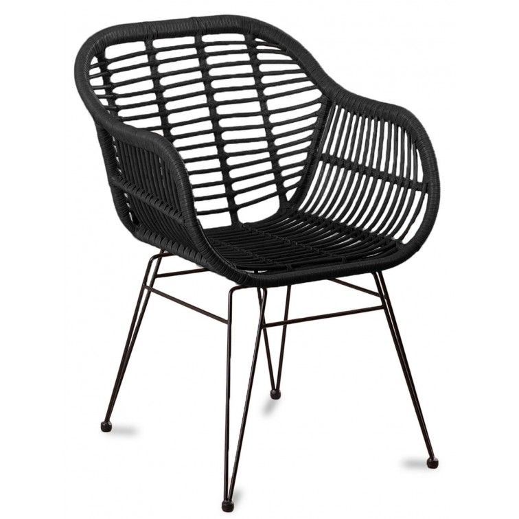 Chaise avec accoudoirs rotin noir et métal noir Barbou - Photo n°1