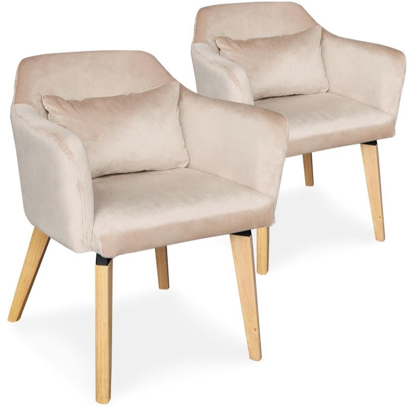 Chaise avec accoudoirs velours beige et pieds bois clair Biggie - Lot de 2 - Photo n°1