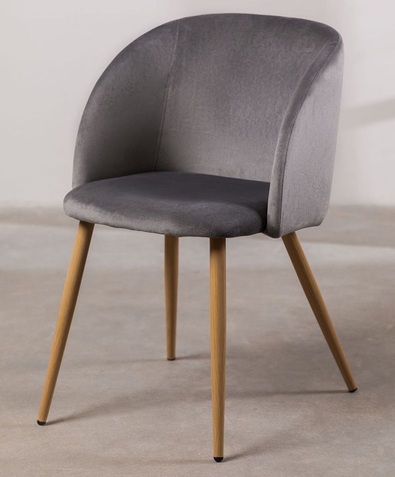 Chaise avec accoudoirs velours gris clair et pieds métal imitation bois Vida - Photo n°1