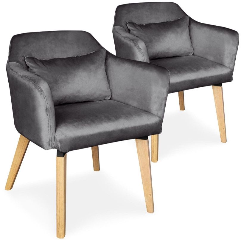Chaise avec accoudoirs velours gris foncé et pieds bois clair Biggie - Lot de 2 - Photo n°1