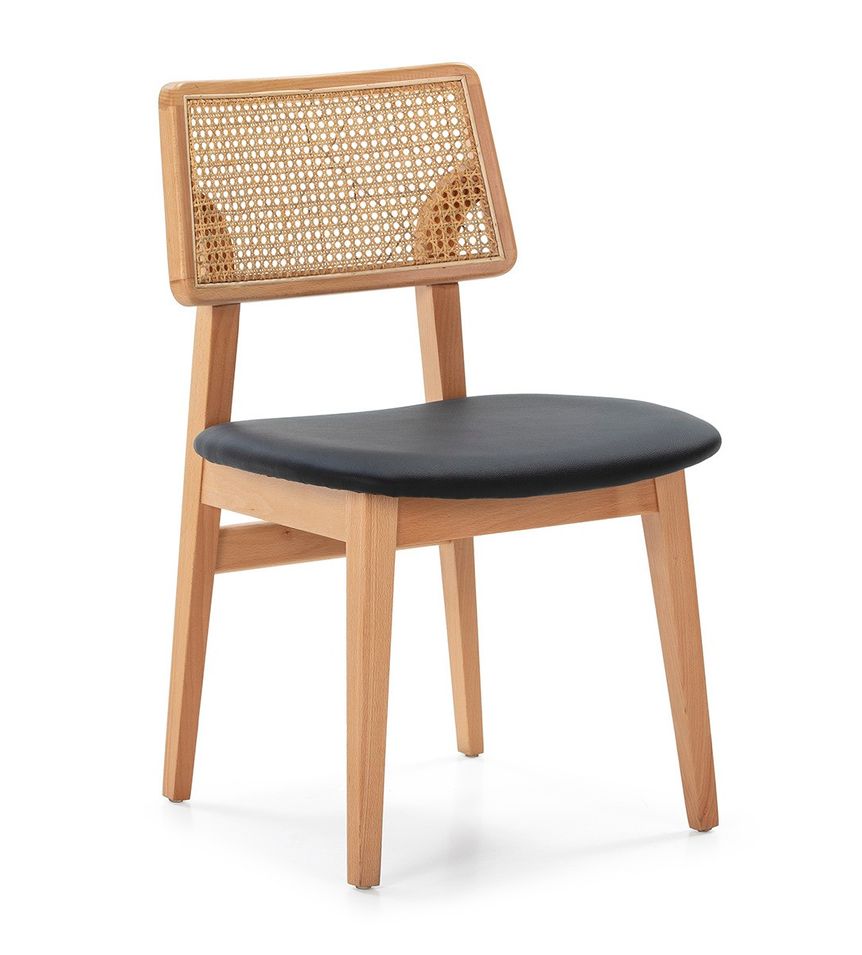 Chaise bois massif avec cuir et rotin naturel Mamy - Photo n°1