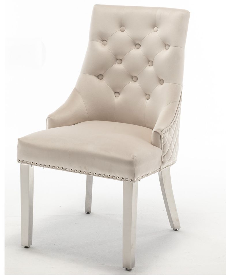 Chaise capitonnée velours avec anneau d'un lion au dos et pieds métal chromé Elena - Lot de 2 - Photo n°1