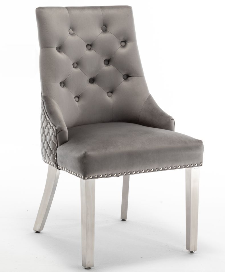 Chaise capitonnée velours avec anneau d'un lion au dos et pieds métal chromé Elena - Lot de 2 - Photo n°1