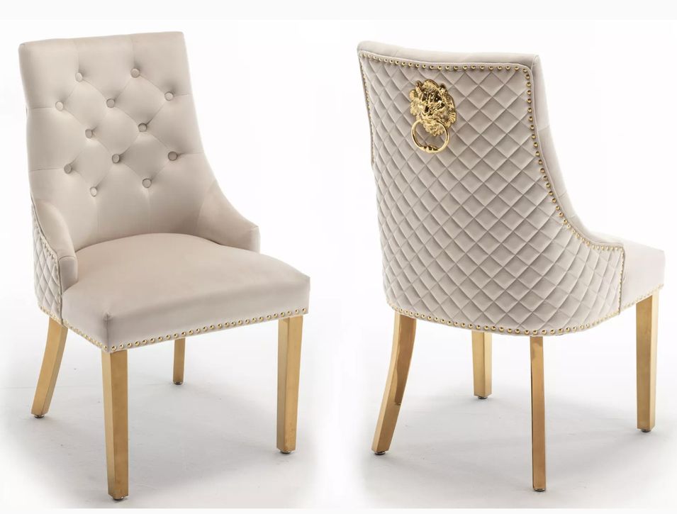 Chaise capitonnée velours avec anneau d'un lion au dos et pieds métal doré Elena - Lot de 2 - Photo n°1