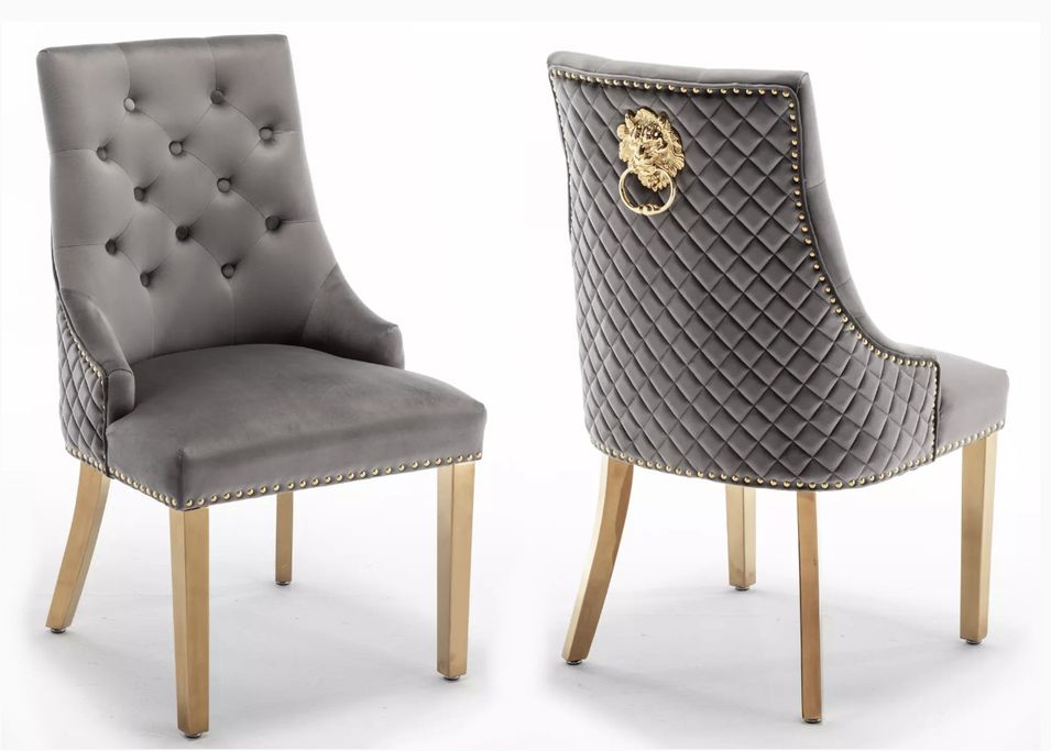 Chaise capitonnée velours avec anneau d'un lion au dos et pieds métal doré Elena - Lot de 2 - Photo n°1