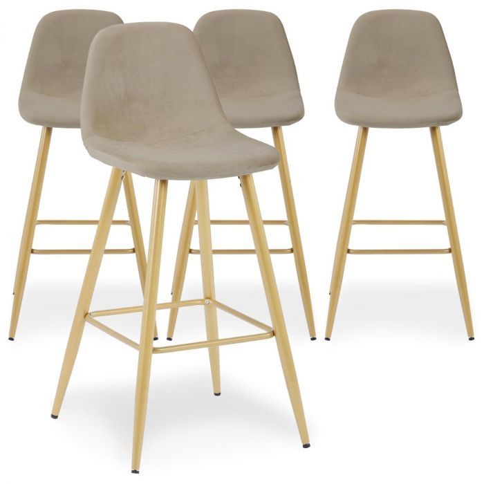 Chaise de bar velours taupe et pieds métal doré Kofy - Lot de 4 - Photo n°1