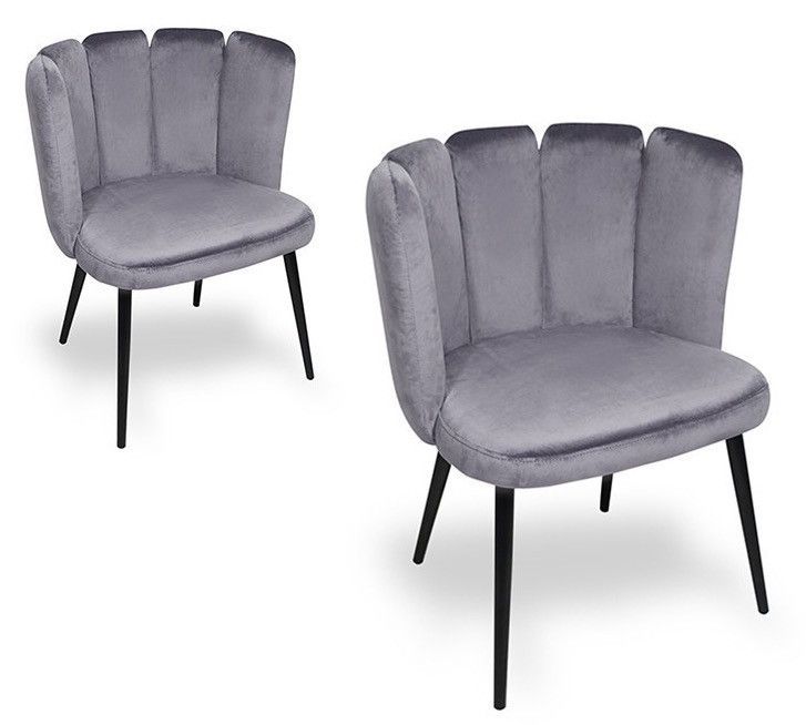 Chaise design voluptueuse velours gris et pieds métal noir - Lot de 2 - Photo n°1