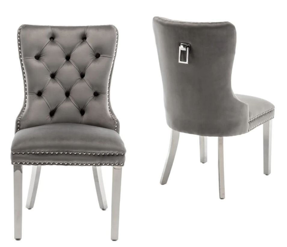 Chaise design velours capitonné clouté et pieds acier chromé Kazar - Lot de 2 - Photo n°1