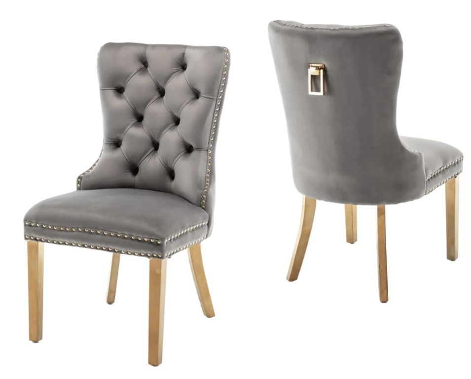 Chaise design velours capitonné clouté et pieds acier doré Kazar - Lot de 2 - Photo n°1