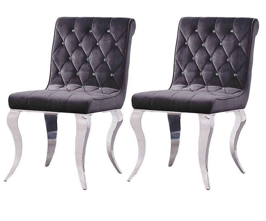 Chaise design velours noir capitonné avec strass et pieds acier chromé Julie - Lot de 2 - Photo n°1