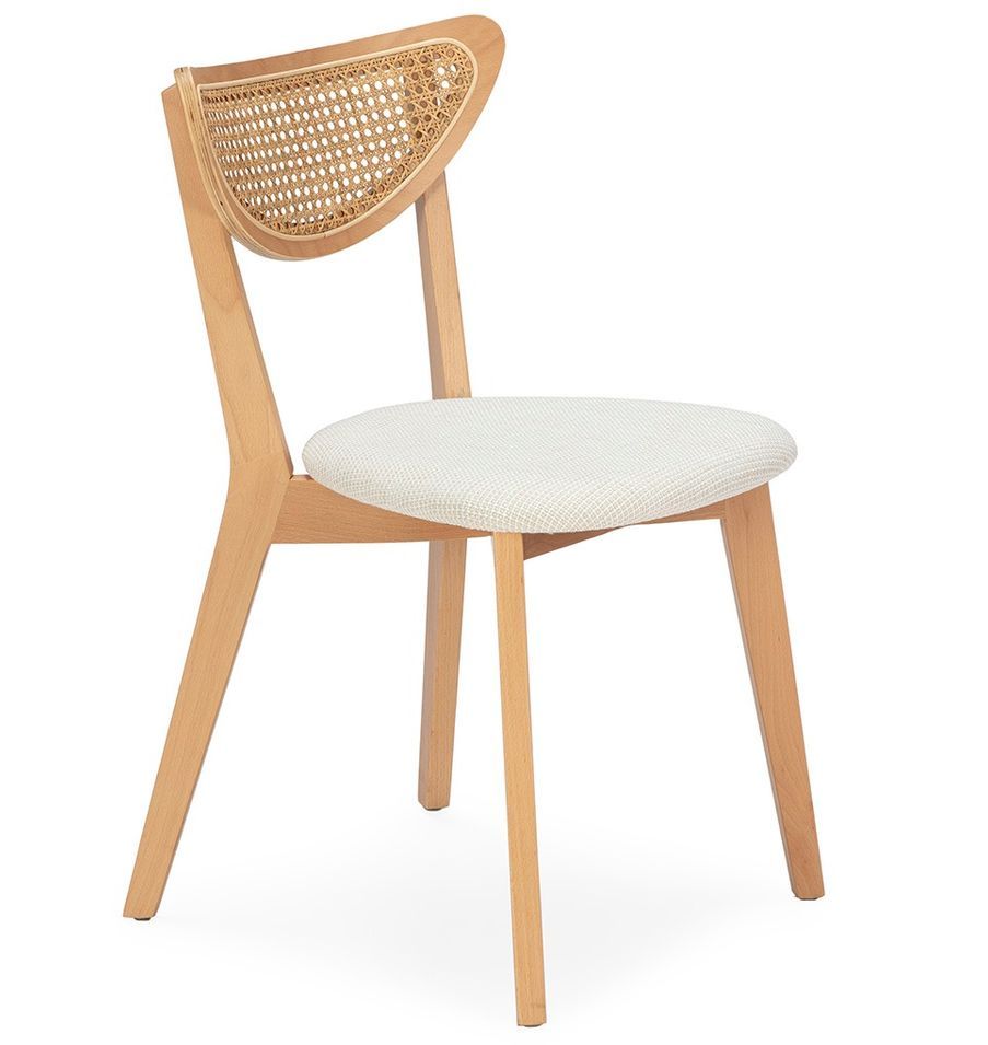 Chaise en bois, rotin et tissu blanc BOVIA – style naturel - Photo n°1