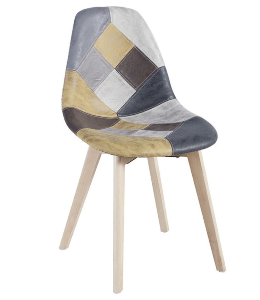 Chaise en similicuir patchwork jaune et pieds en hêtre massif clair – Modèle Vinko - Photo n°1