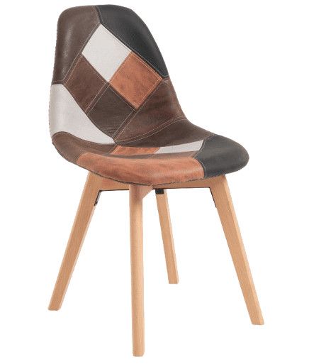 Chaise en similicuir patchwork marron et pieds en hêtre massif clair – Modèle Vinko - Photo n°1
