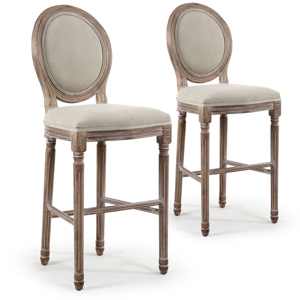 Chaise haute médaillon bois et tissu beige Louis XVI - Lot de 2 - Photo n°1