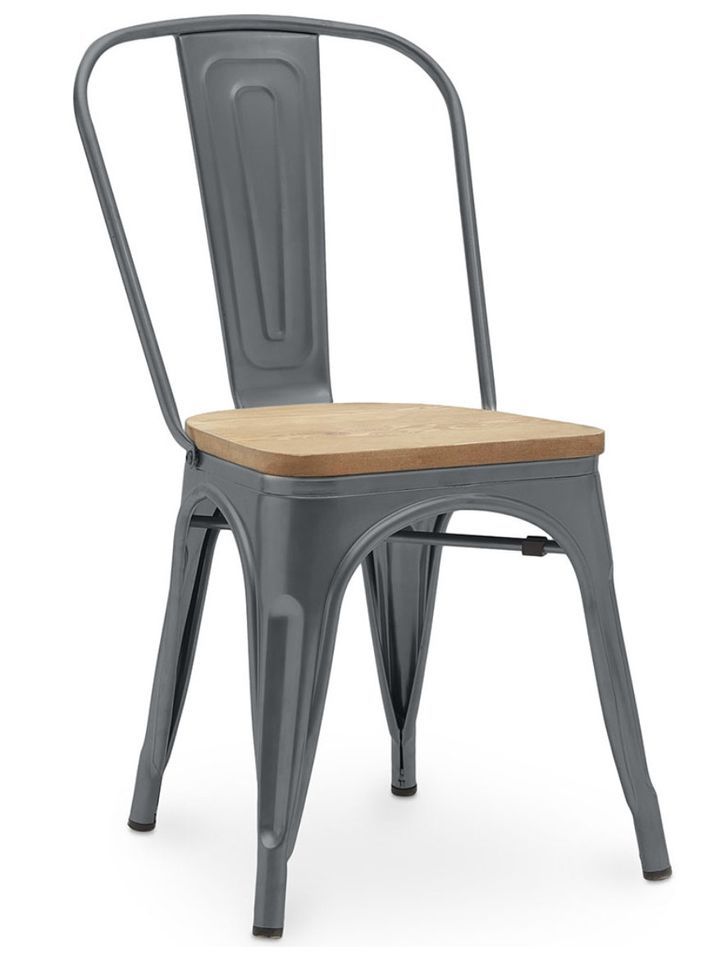 Chaise industrielle acier brillant et assise en bois massif naturel Reko - Photo n°1