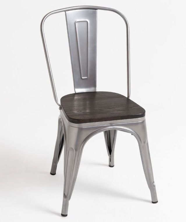 Chaise industrielle acier brossée et assise pin massif foncé Kontoir - Photo n°1