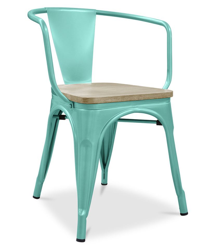 Chaise industrielle avec accoudoirs acier brillant et assise en bois massif naturel Reko - Photo n°1