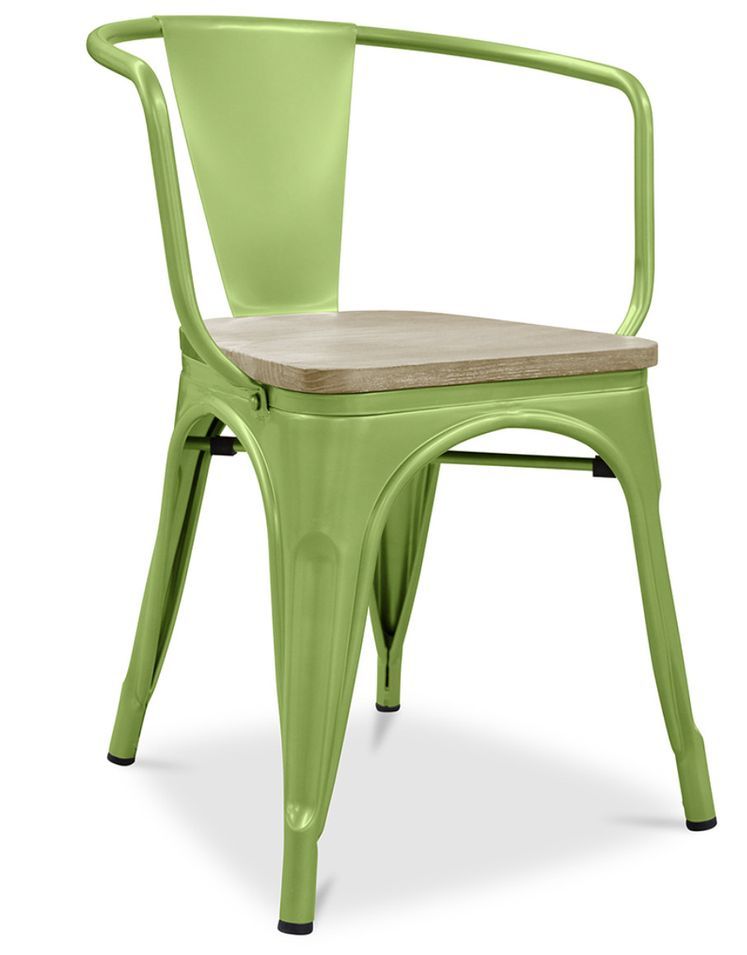 Chaise industrielle avec accoudoirs acier brillant et assise en bois massif naturel Reko - Photo n°1