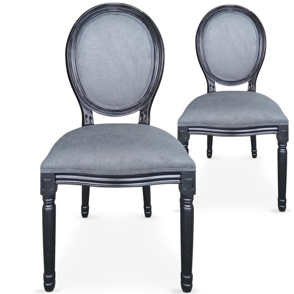 Chaise médaillon bois gris et velours gris Louis XVI - Lot de 2 - Photo n°1