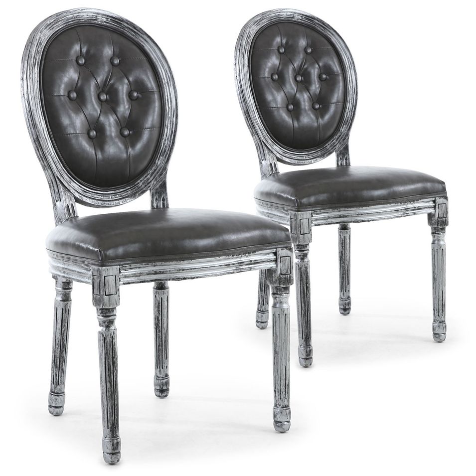 Chaise médaillon bois patiné argenté et simili capitonné gris Louis XVI - Lot de 2 - Photo n°1
