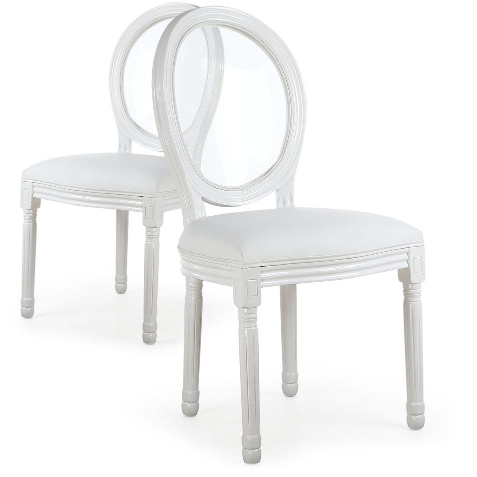 Chaise médaillon bois patiné blanc et simili blanc Louis XVI - Lot de 2 - Photo n°1
