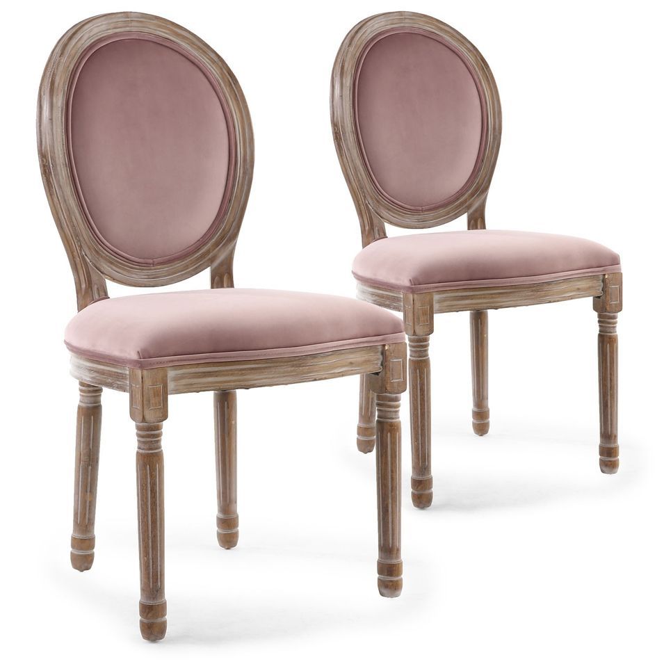 Chaise médaillon bois patiné et velours rose Louis XVI - Lot de 2 - Photo n°1