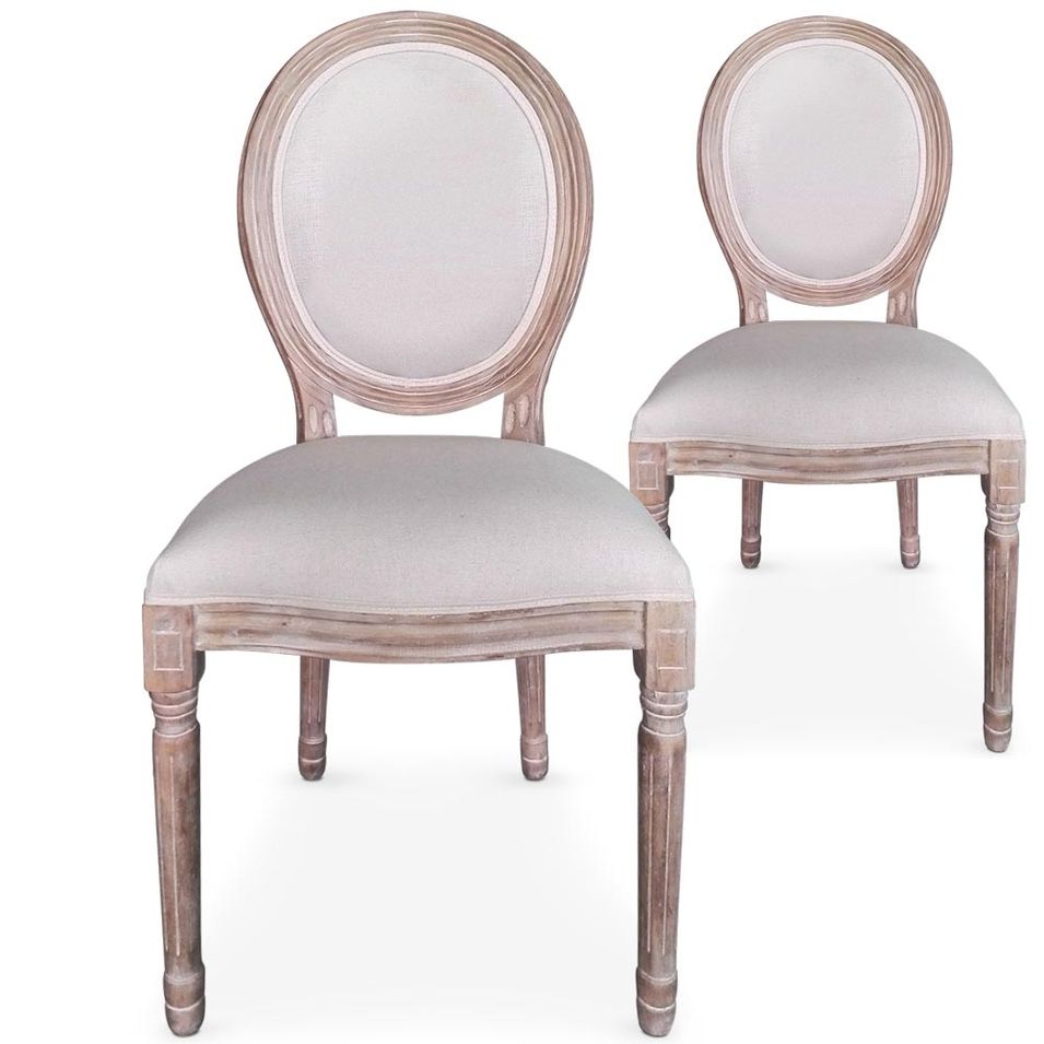 Chaise médaillon bois vieilli et tissu beige Louis XVI - Lot de 2 - Photo n°1