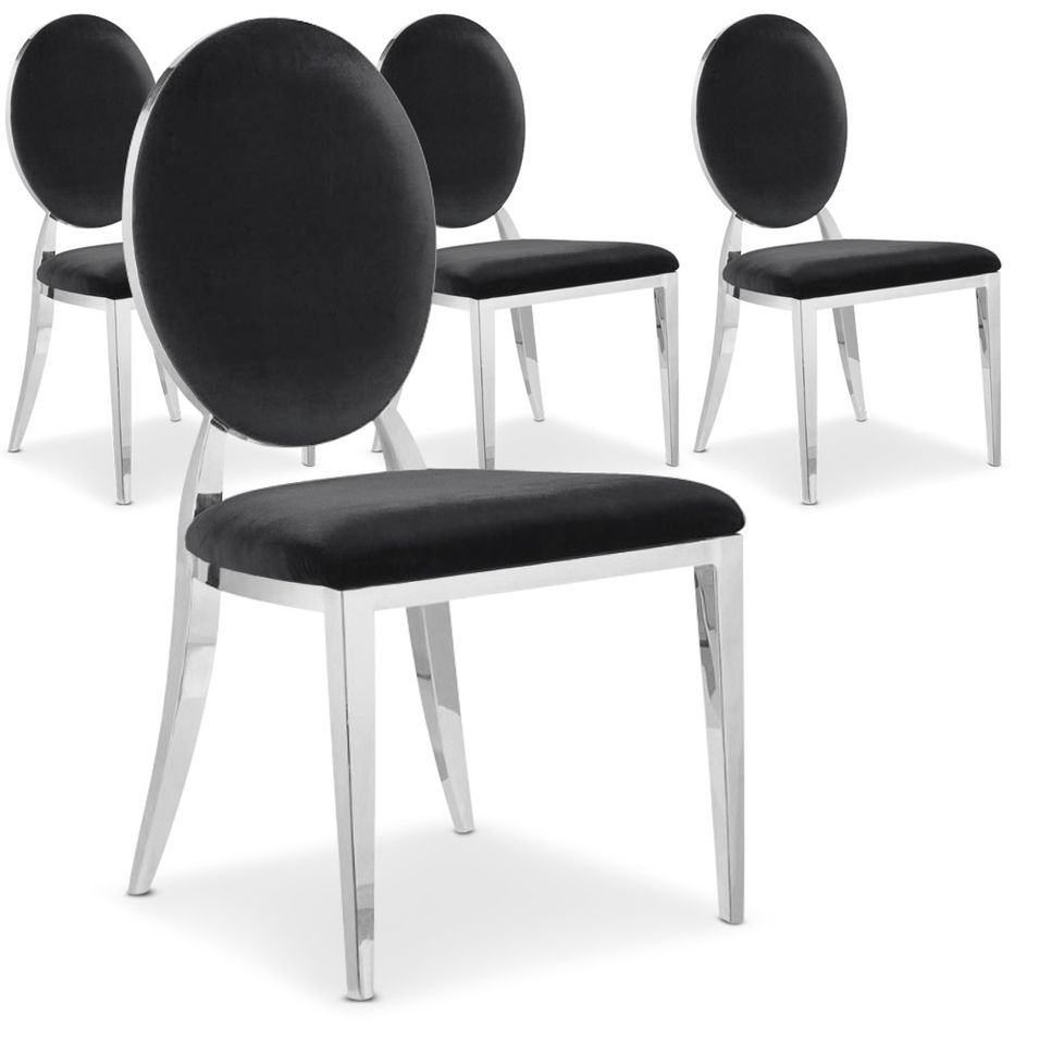 Chaise médaillon effet miroir et velours noir Louis XVI - Lot de 4 - Photo n°1