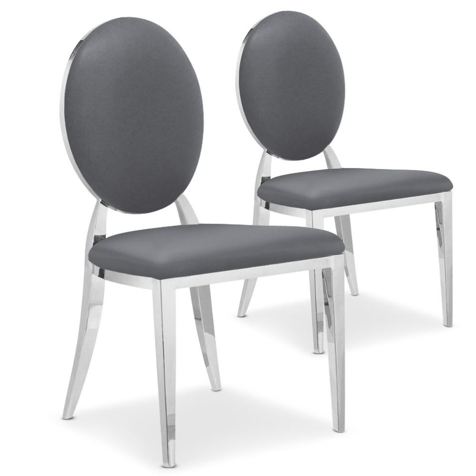 Chaise médaillon similicuir gris pieds métal Louis XVI - Lot de 2 - Photo n°1