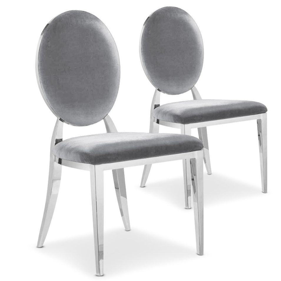 Chaise médaillon velours argent pieds métal Louis XVI - Lot de 2 - Photo n°1