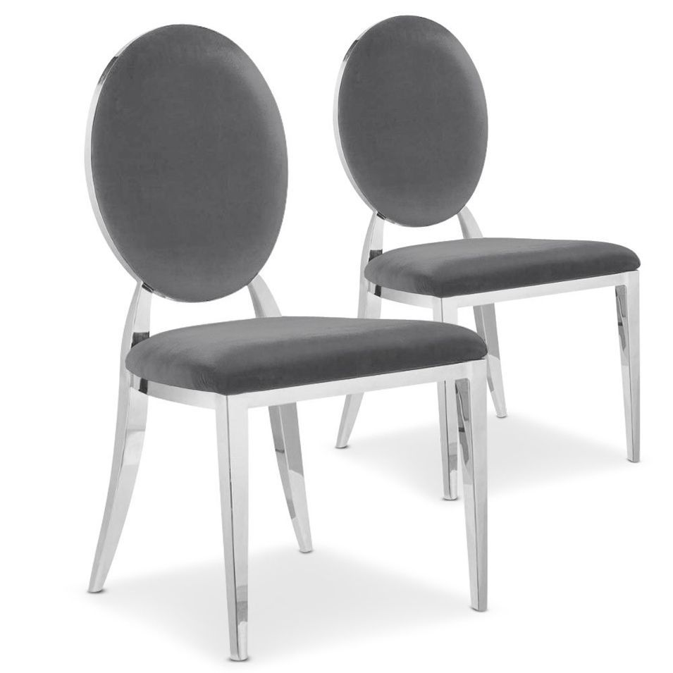 Chaise médaillon velours gris et métal argenté Louis XVI - Lot de 2 - Photo n°1