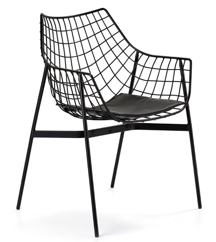 Chaise métal blanc avec accoudoirs et coussin simili cuir noir Ram - Photo n°1